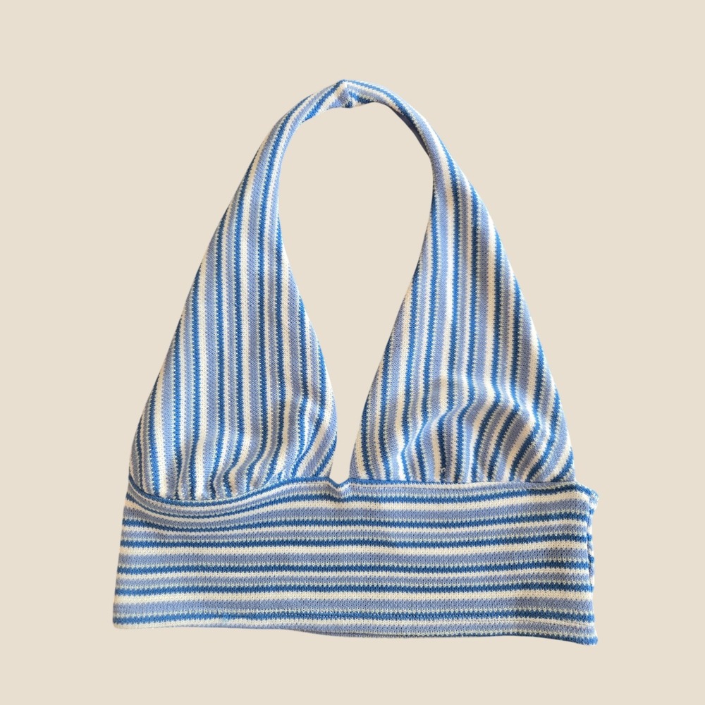HM Divided Blue White Striped Halter Neck Crop Top Knit V-Neck‎ Size M